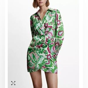 Mango Wrapped Satin Mini Dress Floral Long Sleeve Collared Green Purple Small